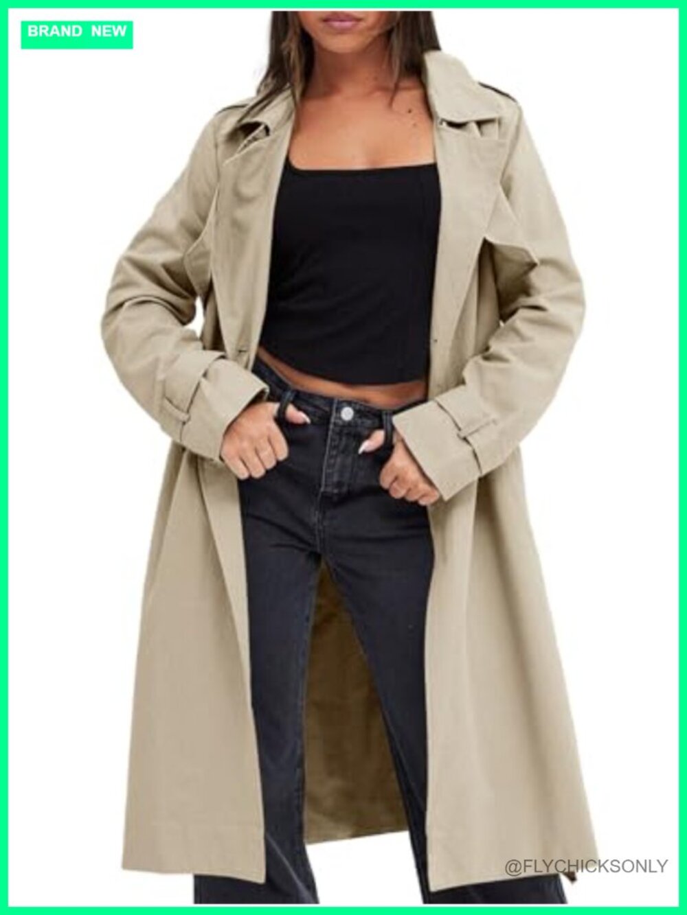 Double Breasted Trench Coat Long Lapel Belted 100% Polyester